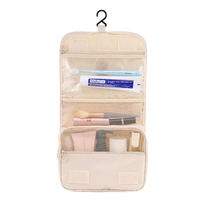Photo de la Trousse de toilette de voyage beige avec crochet de face
