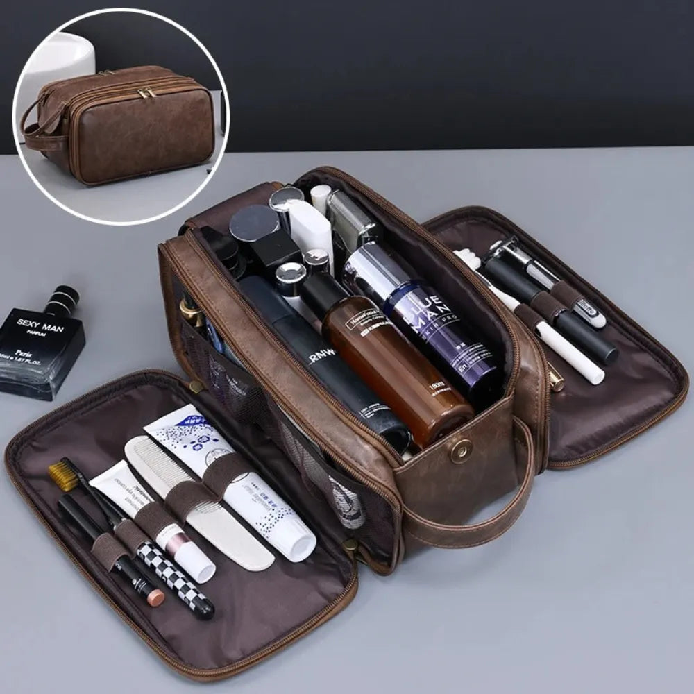 Photo d'une grande trousse de toilette mixte thé pris en entier en montrant les compartiments ouvert