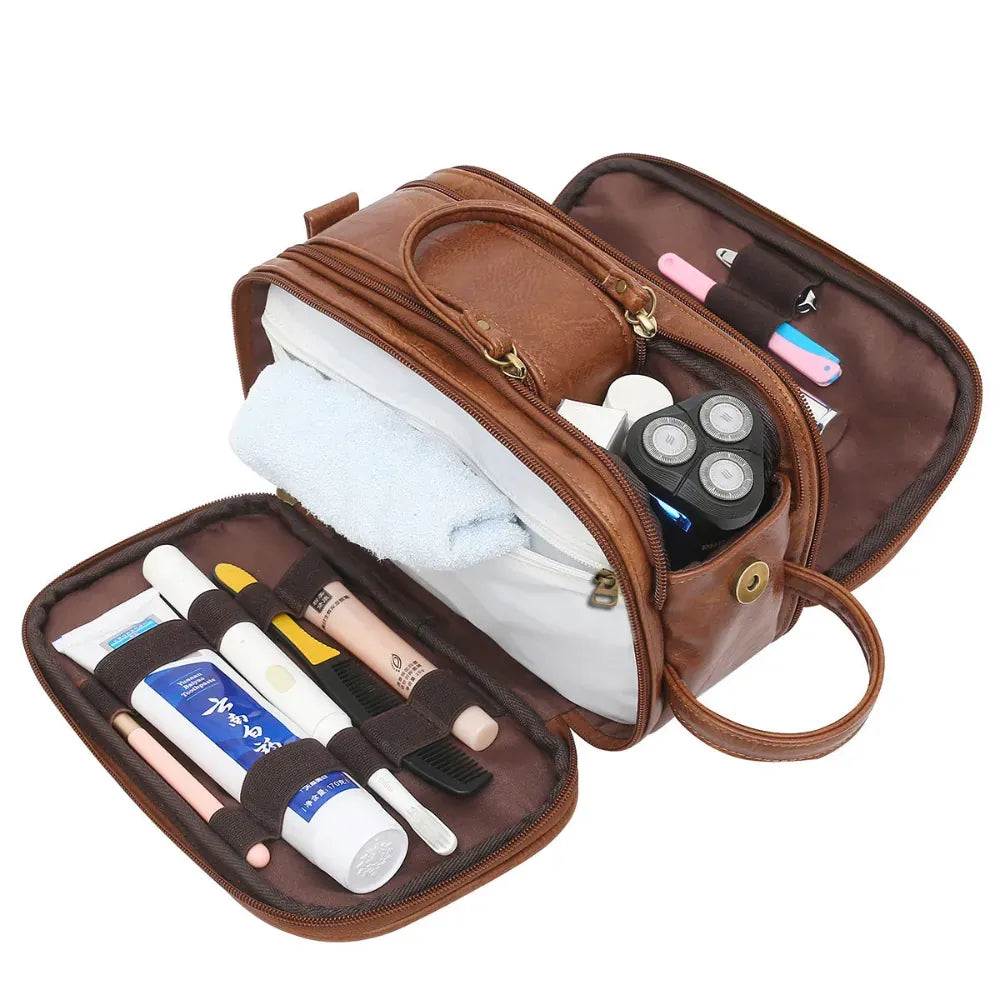 Photo de haut de la trousse de toilette chic marron foncé