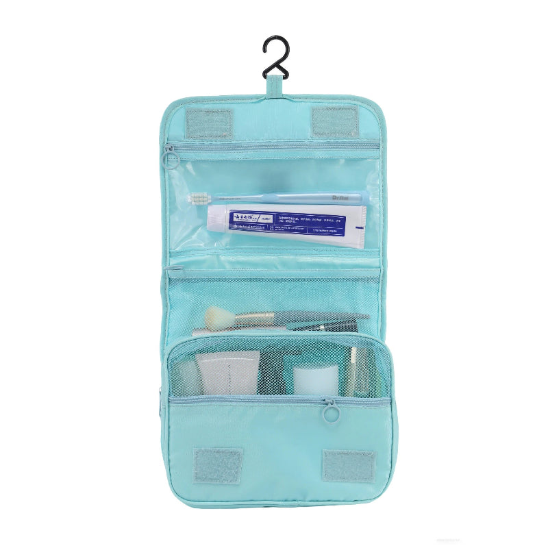 Photo de la trousse de toilette de voyage bleu lac avec crochet de face
