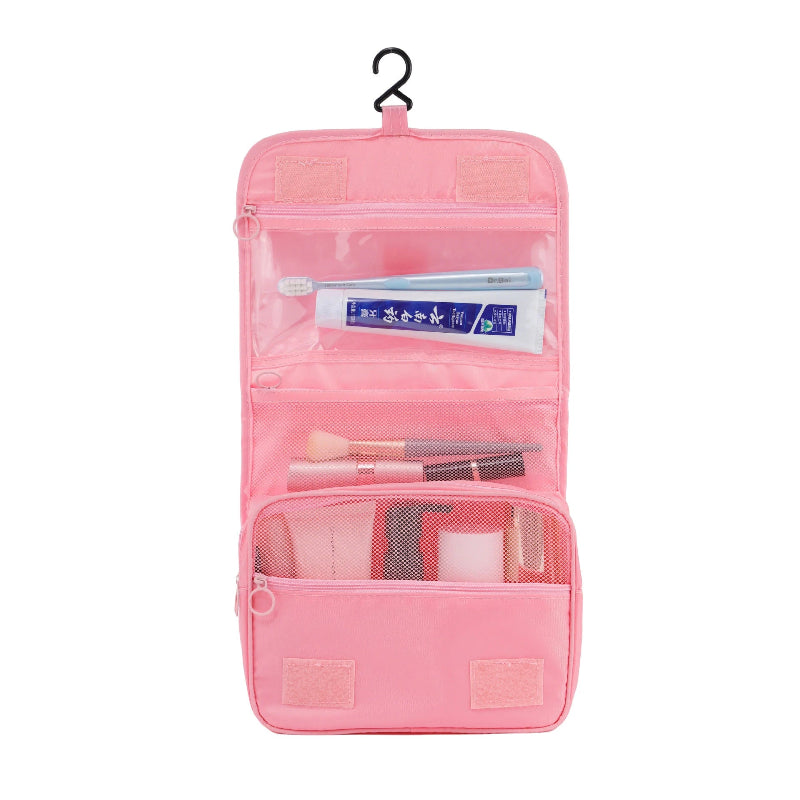 Photo de la Trousse de toilette de voyage rose avec crochet de face