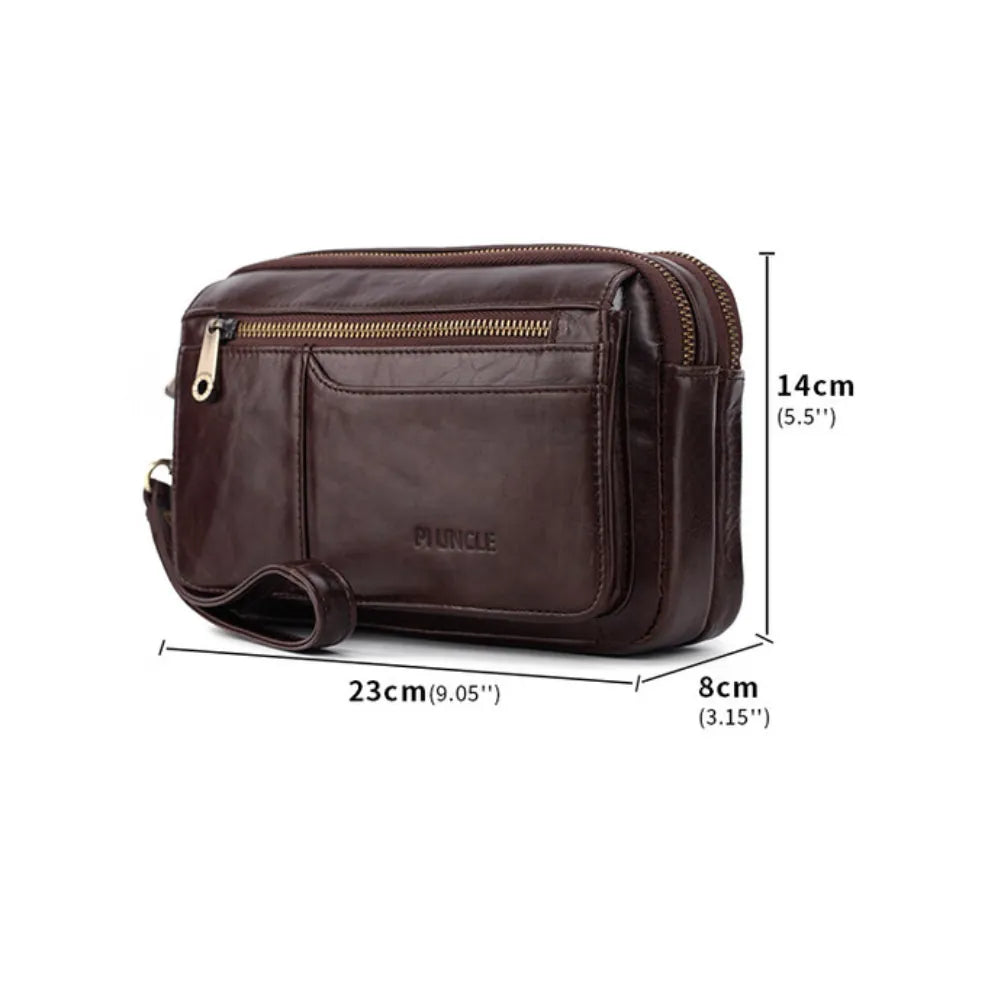 Photo de profil montrant les dimension de la trousse de toilette en cuir de chez la marque pi uncle modèle marron fonce