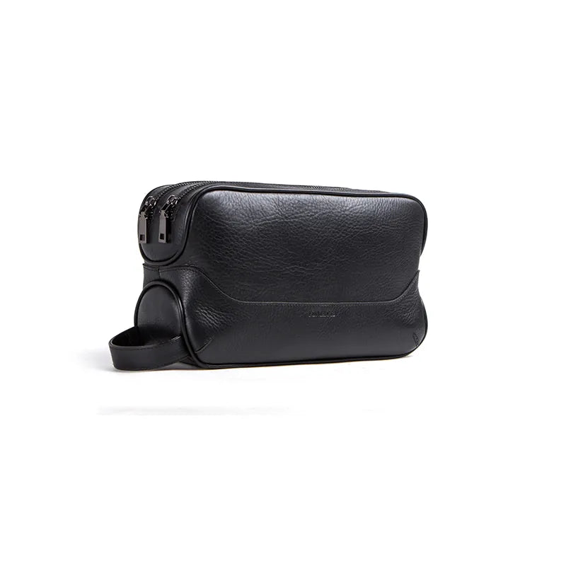 Photo de face de la trousse de toilette noir en cuir vintage 