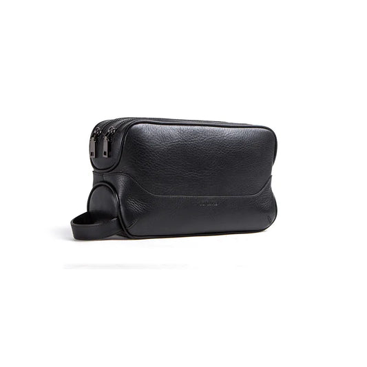 Photo de face de la trousse de toilette noir en cuir vintage 