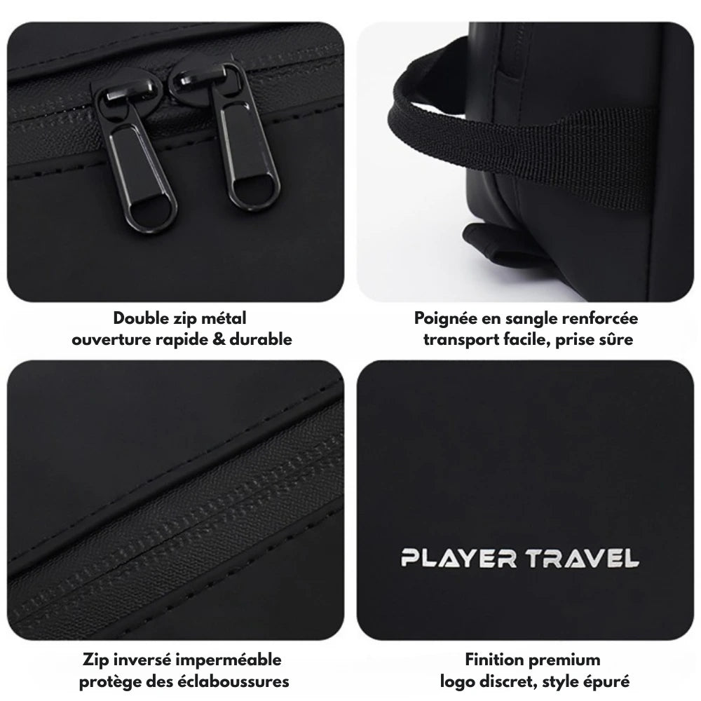 les 4 encadrés montrant des caractéristiques de la trousse de toilette player travel