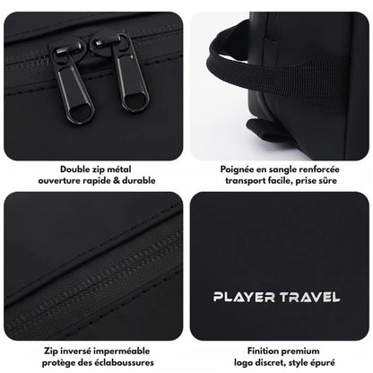 les 4 encadrés montrant des caractéristiques de la trousse de toilette player travel