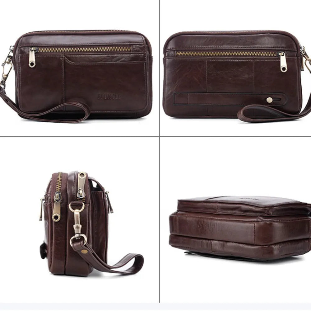 Photo de 4 angles différents de la trousse de toilette pi uncle marron foncé