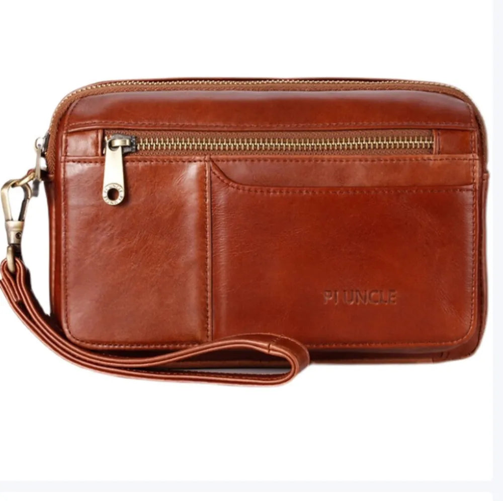Photo de devant de la trousse de toilette en cuir de chez la marque pi uncle modèle marron rouge